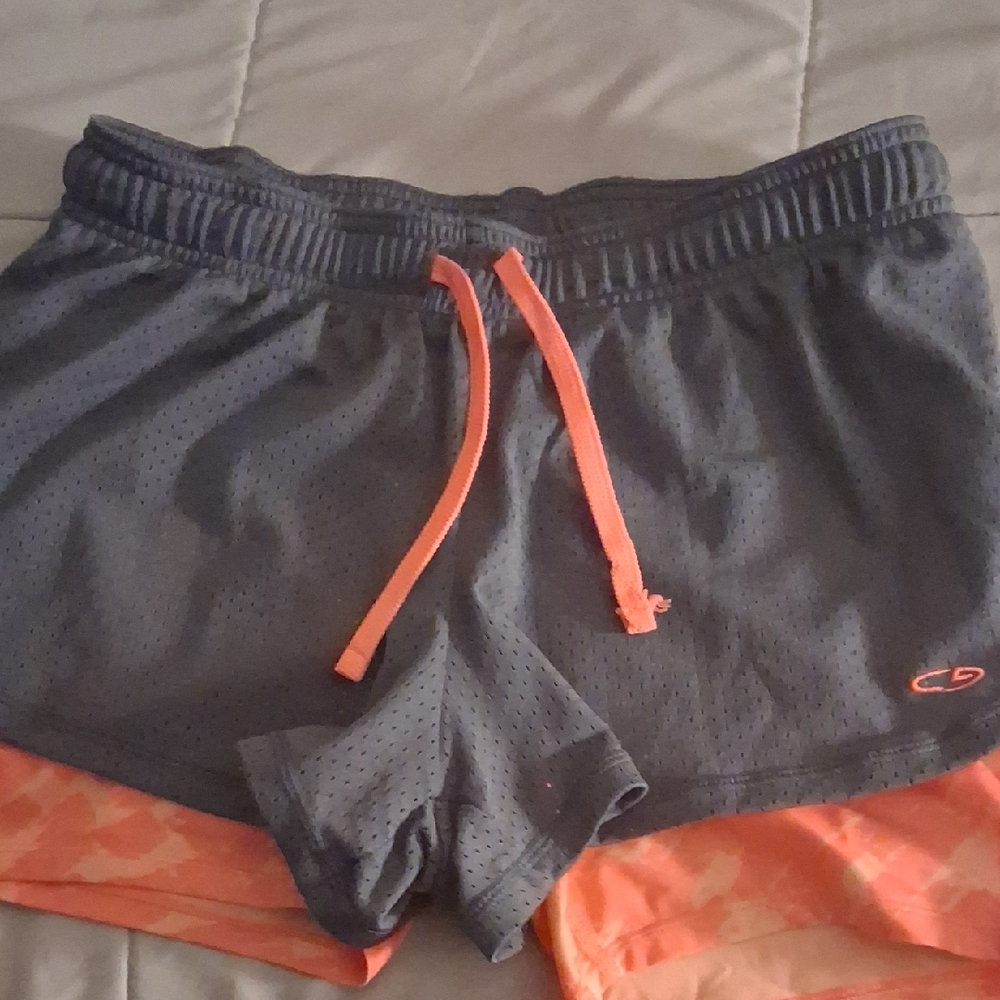 Women’s Double-Layer Athletic Shorts - Gray with Coral Accents
